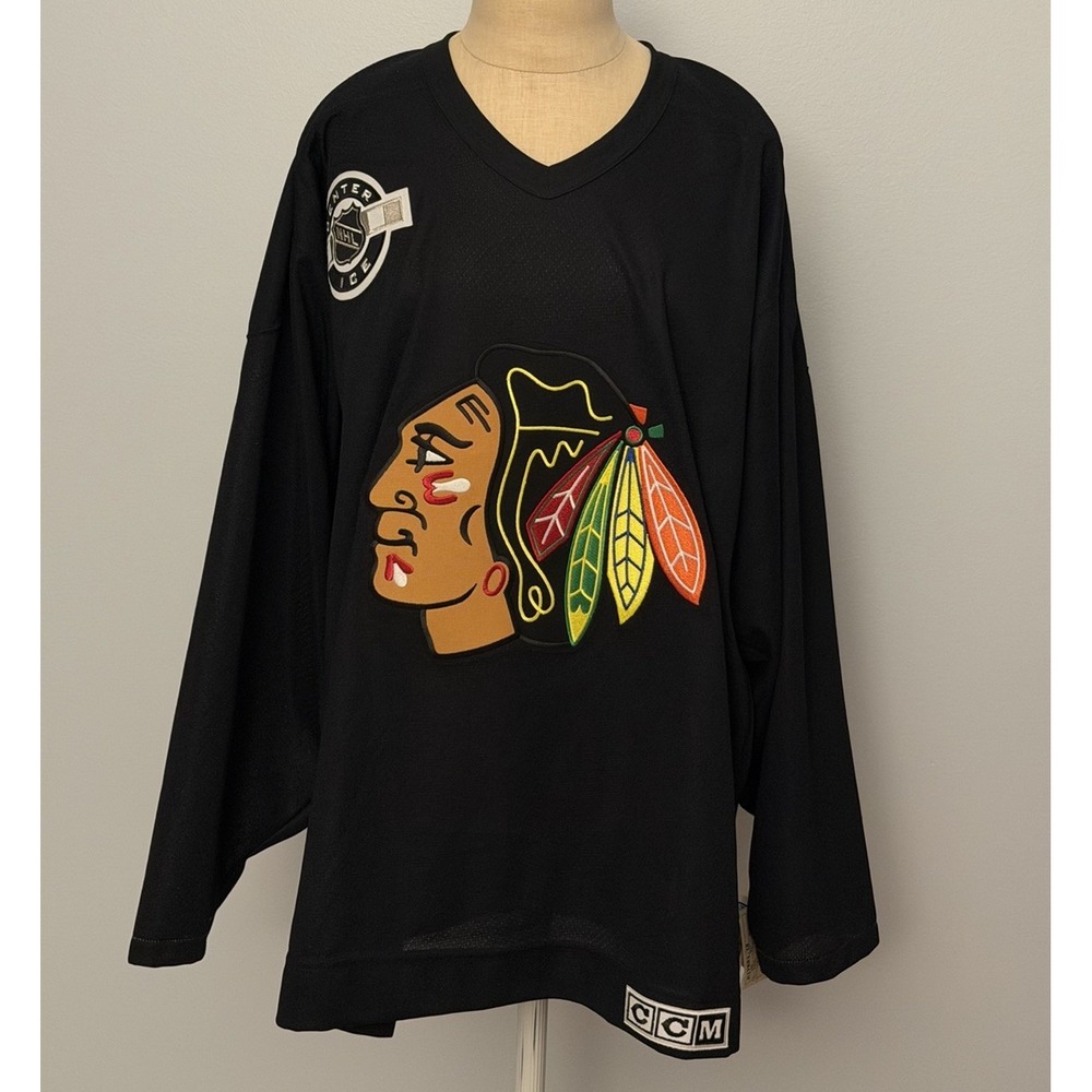 NWT Vtg CCM Chicago Blackhawks Jersey Mens Large Black NHL Hockey Embroidered
